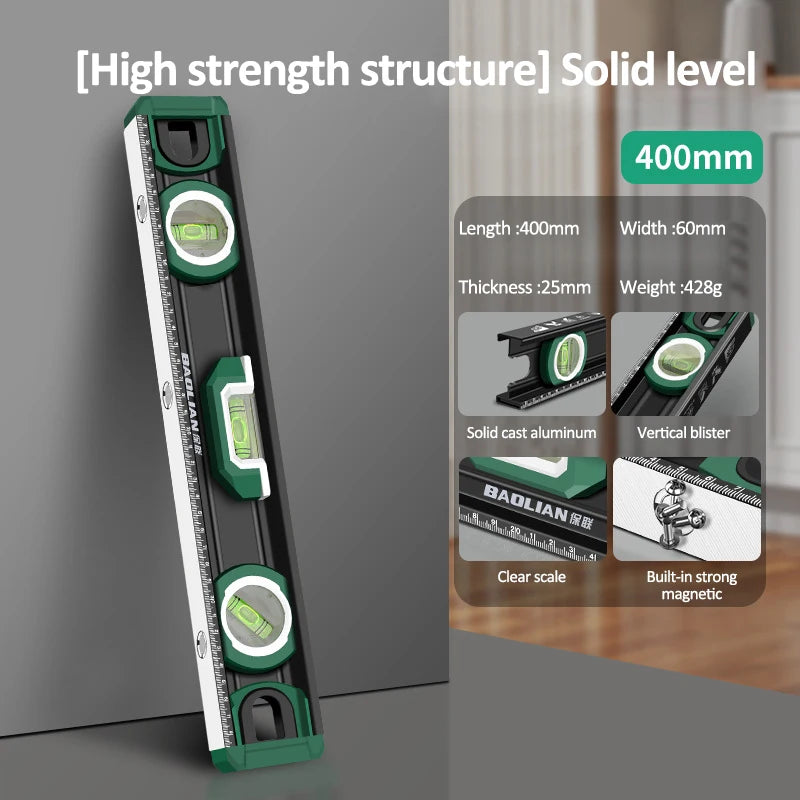 Spirit Level Aluminum Alloy Magnetic Level Ruler 180/90/45-Degree Bubbles Measuring Leveler Tool With Shock Absorbing End Caps