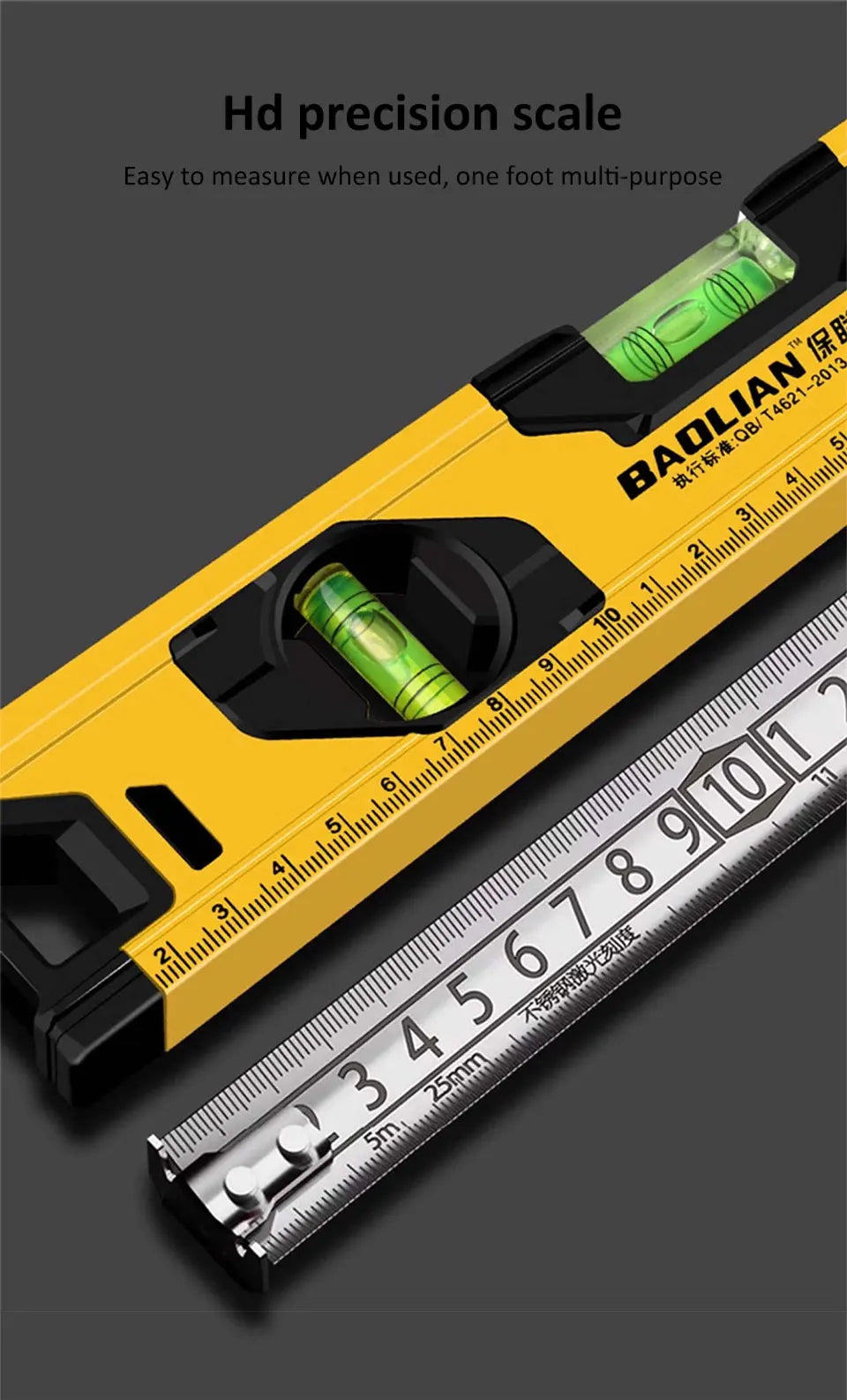 Spirit Level Aluminum Alloy Magnetic Level Ruler 180/90/45-Degree Bubbles Measuring Leveler Tool With Shock Absorbing End Caps