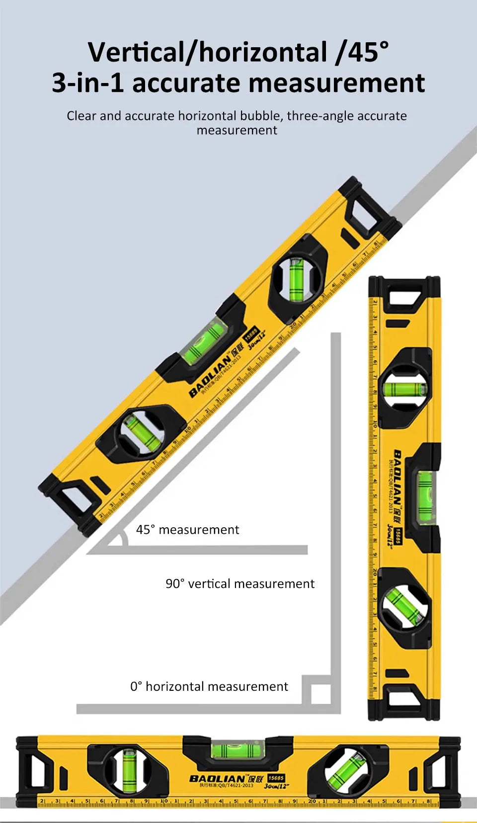 Spirit Level Aluminum Alloy Magnetic Level Ruler 180/90/45-Degree Bubbles Measuring Leveler Tool With Shock Absorbing End Caps