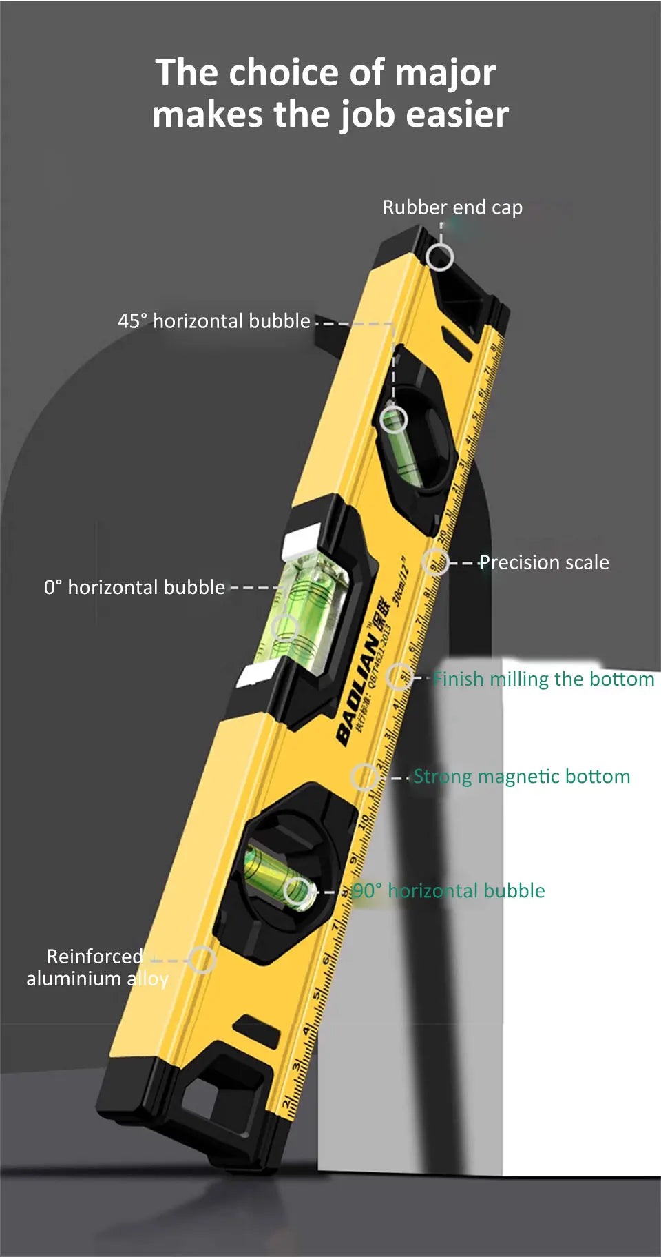Spirit Level Aluminum Alloy Magnetic Level Ruler 180/90/45-Degree Bubbles Measuring Leveler Tool With Shock Absorbing End Caps