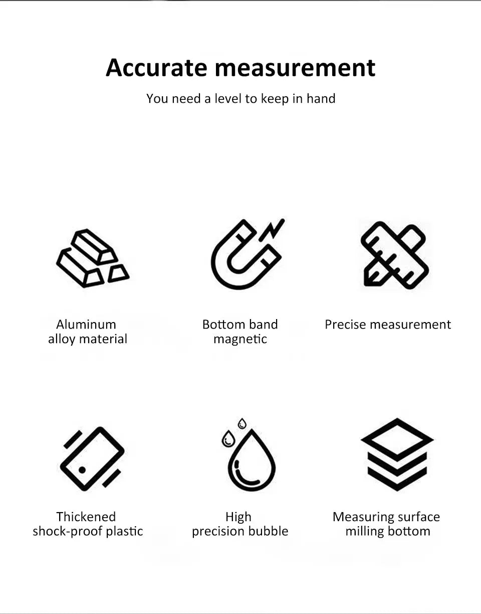Spirit Level Aluminum Alloy Magnetic Level Ruler 180/90/45-Degree Bubbles Measuring Leveler Tool With Shock Absorbing End Caps
