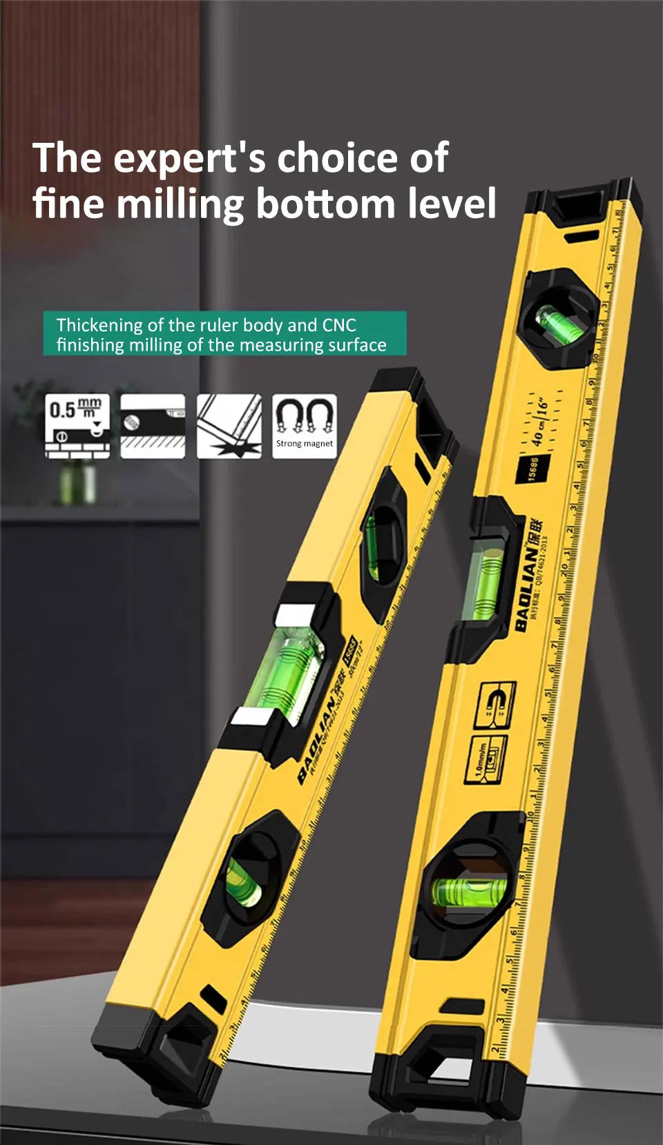 Spirit Level Aluminum Alloy Magnetic Level Ruler 180/90/45-Degree Bubbles Measuring Leveler Tool With Shock Absorbing End Caps